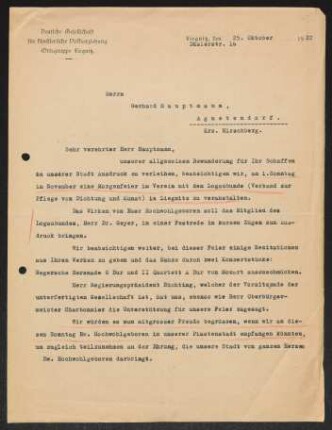 Brief von Unbekannt von Deutsche Gesellschaft für künstlerische Volkserziehung <Liegnitz> an Gerhart Hauptmann