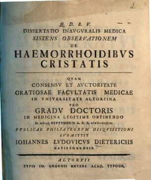 Dissertatio inauguralis medica sistens observationem de haemorrhoidibus cristatis