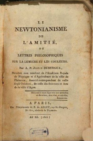 Le Newtonianisme de l'Amitié ...