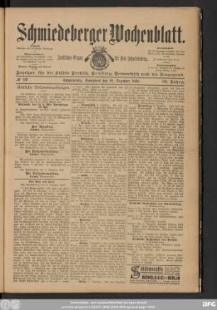 Schmiedeberger Wochenblatt, No 97 [98] Schmiedeberg, Sonnabend den 10. Dezember 1898