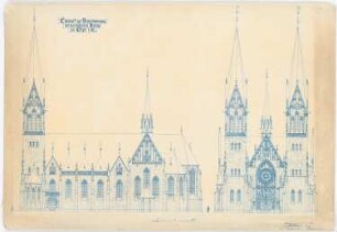 Pfarrkirche Sankt Martinus, Olpe: Seiten- und Vorderansicht 1:100 (finale Entwurfsphasen 1 und 2)