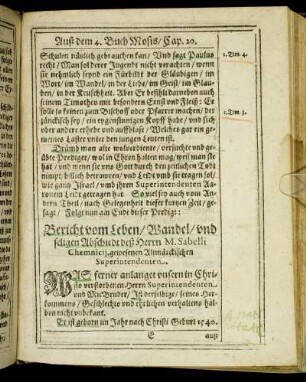 Bericht vom Leben/ Wandel/ und seligen Abschiedt deß Herrn M. Sabelli [...]