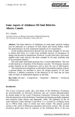 Some aspects of Athabasca oil sand behavior, Alberta, Canada