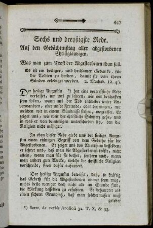 Sechs und dreyßigste Rede. Auf den Gedächtnißtag aller abgestorbenen Christglaubigen.