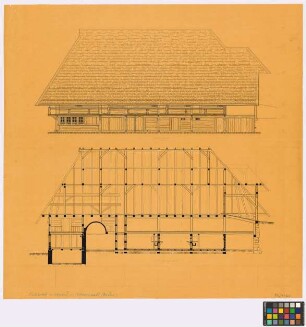 Oberried (Landkreis Freiburg): Küchle[r]hof, Oberriederstraße 20 in 79199 Oberried. Haupthaus (Ost-Seiten-Ansicht, Längsschnitt)