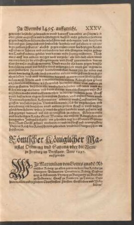 Römischer Königlicher Maiestat Ordnung und Satzung uber die Wein/ zu Freyburg im Breißgaw/ Anno 1497. auffgericht.
