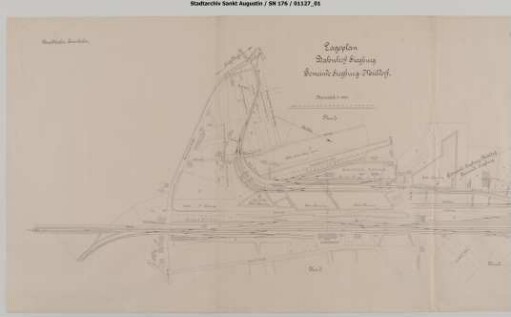 Siegburg, Bahnhof: Lageplan RSE-Bahnhof mit Strecke bis zur Siegbrücke, Staatsbahnhof. Neubaustrecke Niederpleis - Siegburg, Blatt 1