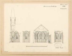 Zweischiffige Dorfkirche in märkischem Backstein für 300 Sitzplätze Monatskonkurrenz Juni 1877: Längsschnitt (in 3 Ausschnitten), Querschnitt; Maßstabsleiste