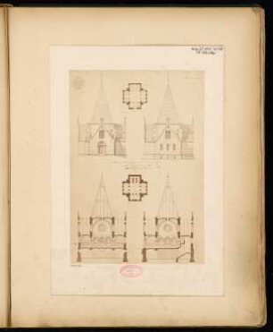 Erbbegräbnis, Langhelwigsdorf Monatskonkurrenz August 1884: Grundriss Keller, Erdgeschoss, Aufriss Vorderansicht, Seitenansicht, Längsschnitt, Querschnitt; 3 Maßstabsleisten
