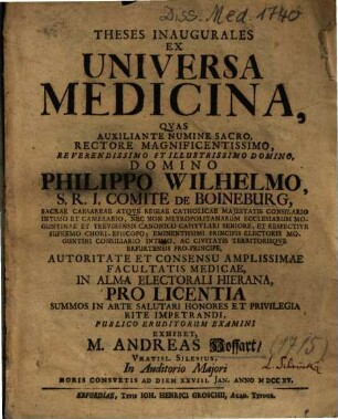 Theses Inaugurales Ex Universa Medicina