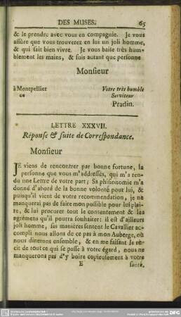 Lettre XXXVII. Response & suite de Correspondance