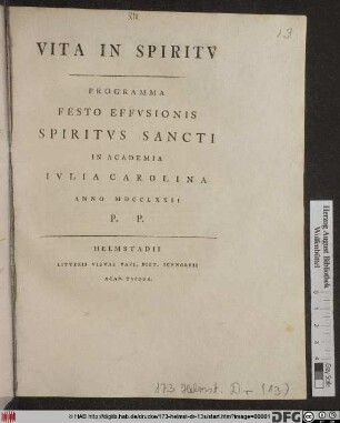 Vita In Spiritv : Programma Festo Effvsionis Spiritvs Sancti In Academia Ivlia Carolina Anno MDCCLXXII P. P