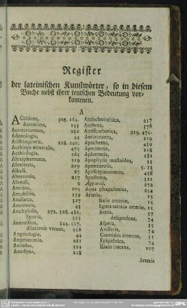 Register der lateinischen Kunstwörter, so in diesem Buche nebst ihrer teutschen Bedeutung vorkommen