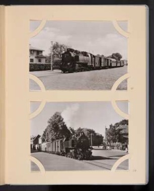 Albumseite mit zwei Postkarten von Lokomotiven : Sammelalbum mit Fotografien (Postkarten) von Dampflokomotiven. Kunstledereinband; 27,5 x 21,8 x 2 cm (um 1970). Dresden: SLUB/DF 2009.C.30