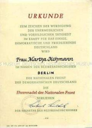 Urkunde zur Ehrennadel der Nationalen Front