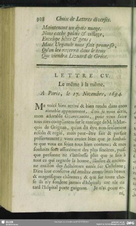 Lettre CV. Le même à la même. A Paris, le 17. Novembre, 1694