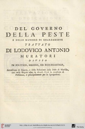 Del Governo della peste e delle maniere di guardarsene trattato di Lodovico Antonio Muratori diviso in politico, medico, ed ecclesiastico