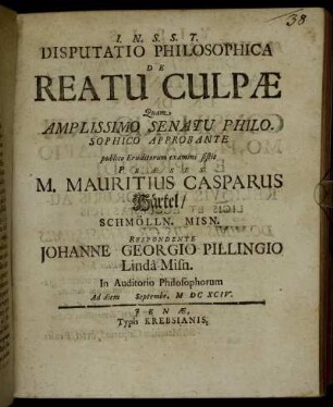 Disputatio Philosophica De Reatu Culpae