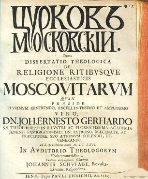 Curkov' Moskovskii, sive dissertatio theologica de religione ritibusque ecclesiasticis Moscovitarum