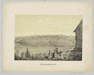 Stadtansicht von Johanngeorgenstadt im Erzgebirge am Breitenbach an der böhmischen Grenze mit der Exulantenkirche (nach dem Stadtbrand von 1867 als Stadtkirche neugebaut)