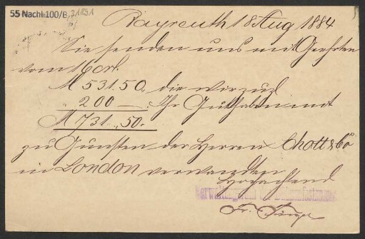 Brief an B. Schott's Söhne : 18.08.1884