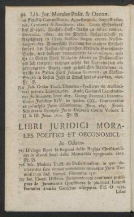 Libri Juridici Morales Politici Et Oeconomici. In Octavo