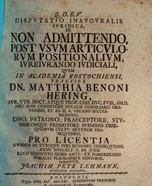 Dispvtatio inavguralis ivridica, De non admittendo, post vsvm articulorvm positionalivm ivreivrando ivdiciali
