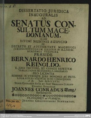 Dissertatio Iuridica Inauguralis Ad Senatus Consultum Macedonianum