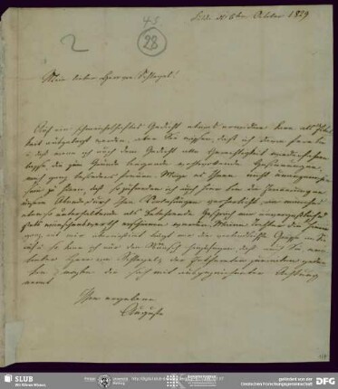 Eigenh. Brief von Auguste <Hessen-Kassel, Kurfürstin> an August Wilhelm von Schlegel, Fulda, 06.10.1829