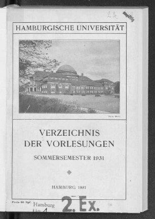 SS 1931: Verzeichnis der Vorlesungen // Hamburgische Universität