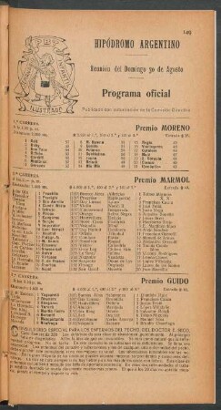 Hipódromo Argentino - Reunión del Domingo 30 de Agosto [de 1908] - Programa oficial