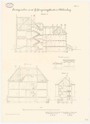 Amtsgericht und Gefängnis, Woldenberg: Längsschnitt, Querschnitte 1:100