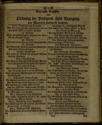 Das erste Register oder Ordnung der Predigten, samt Anzeigung der Materien wovon sie handeln. - Register. Der merckwürdigen Sachen.