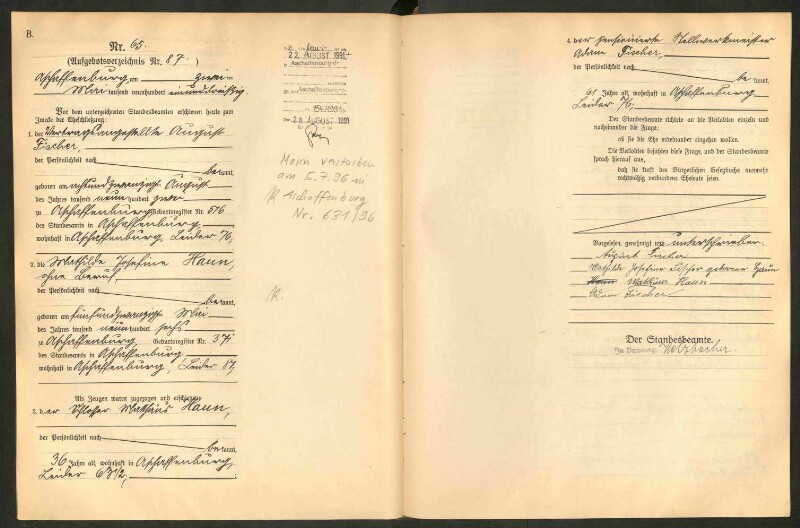 Standesamtsbuch der Stadt Aschaffenburg: Eheschließungen 252/1930 - 130/1931