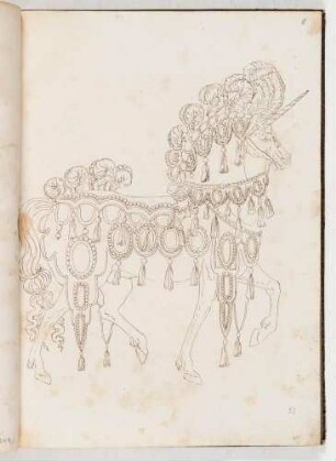 Einhorn mit Prachtreitzeug, in einem Band mit Antikischen Figurinen und Pferdedekorationen, Bl. 11