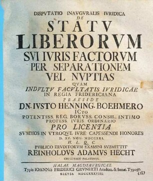 Dispvtatio Inavgvralis Ivridica De Statv Liberorvm Svi Ivris Factorvm Per Separationem Vel Nvptias