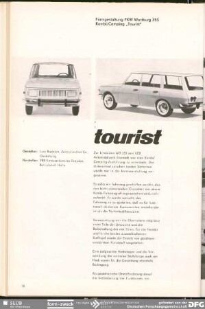 Formgestaltung PKW Wartburg 353 Kombi/Camping „Tourist“ : Produktgestaltung