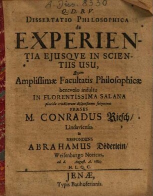 De experientia eiusque in scientiis usu