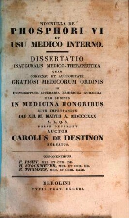 Nonnulla de phosphori vi et usu medico interno : Diss. inaug. med. therap.