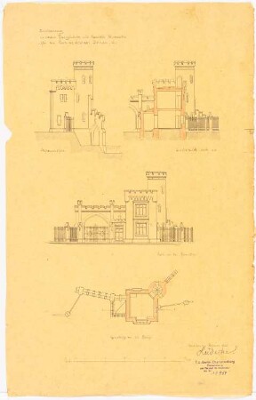 Schloss, Dobrau Pförtnerhäuschen: Grundriss 1. Obergeschoss; 2 Aufrisse; Schnitt; Maßstabsleiste