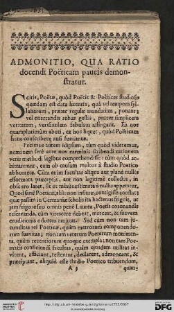 Admonitio, qua Ratio docendi Poeticam paucis demonstratur