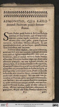 Admonitio, qua Ratio docendi Poeticam paucis demonstratur