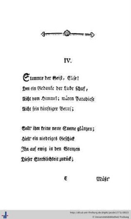 IV. Stammte der Geist, Elise! Den ein Gedanke der Liebe schuf, ...