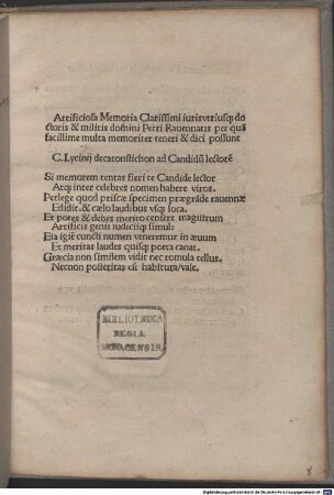 Phoenix seu de artificiosa memoria : mit Gedicht an den Leser von c. Lycinius und Gedicht von Lancelotus Decius und Marcus Picardus