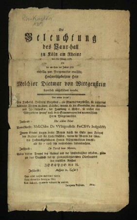 Die Beleuchtung des Vaux-hall zu Köln am Rheine den 5ten Jänner 1778. Als der am Ende des Jahres 1777 einhellig zum Burgermeister erwählte Hochwohlgebohrne Herr Melchior Dietmar von Wittgenstein feyerlich eingeführet wurde