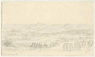 Zeltlager bei Köngen, 1868, im Vordergrund Truppenbewegungen, Geschützgespanne, Artillerie in Stellung, im Hintergrund Köngen vor der Schwäbischen Alb