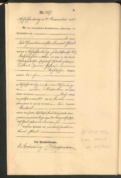 Standesamtsbuch der Stadt Aschaffenburg: Geburten 365/1900 - 184/1901