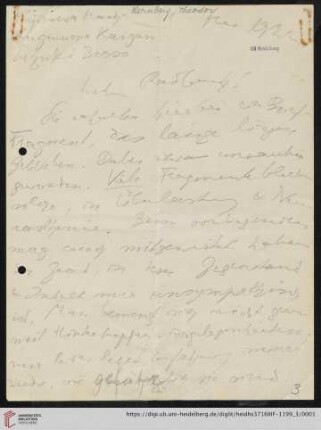 Nachlass Gustav Radbruch. Korrespondenz Theodor Sternberg/Gustav Radbruch: Brief von Theodor Sternberg an Gustav Radbruch