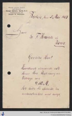 Brief von Carl Klein an Friedrich Krantz