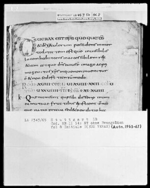 Bibliorum pars finalis, Pauli epistolae, Actus apostolorum, Epistolae canonicae, Apocalypsis — Initiale D(EUS VERAX), Folio 8recto